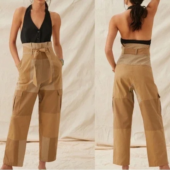 Mes Demoiselles x Anthropologie Paperbag Cargo 6/S Khaki Tan Belted High Rise - Picture 1 of 15